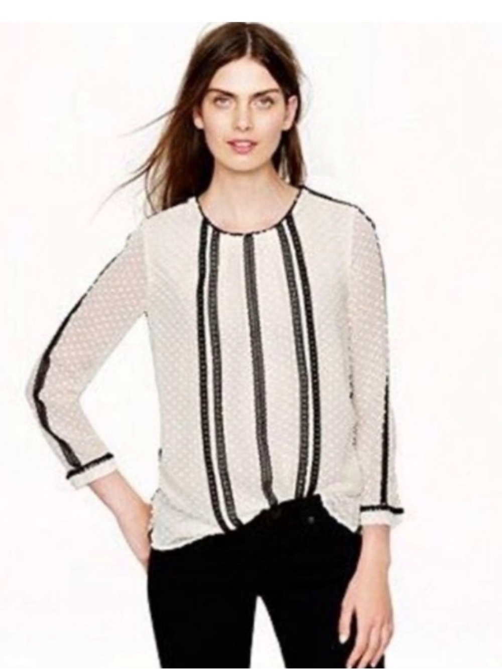 J. Crew Cream Swiss Dot Blouse with Black Lace Trim